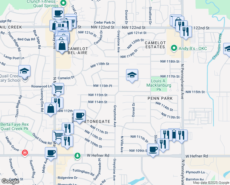 map of restaurants, bars, coffee shops, grocery stores, and more near 11513 Greystone Avenue in Oklahoma City