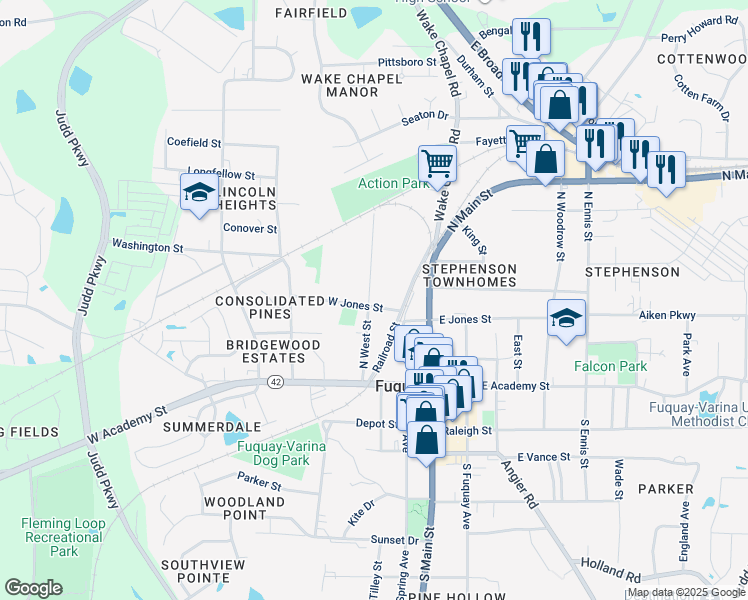 map of restaurants, bars, coffee shops, grocery stores, and more near 200 North West Street in Fuquay Varina
