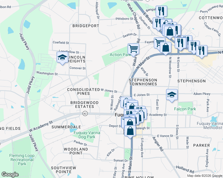 map of restaurants, bars, coffee shops, grocery stores, and more near 207 North West Street in Fuquay-Varina