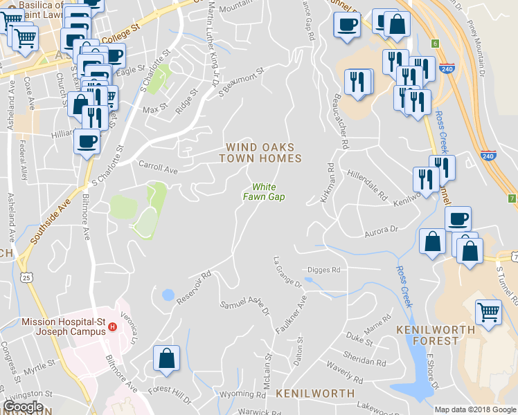 map of restaurants, bars, coffee shops, grocery stores, and more near 446 Windswept Drive in Asheville