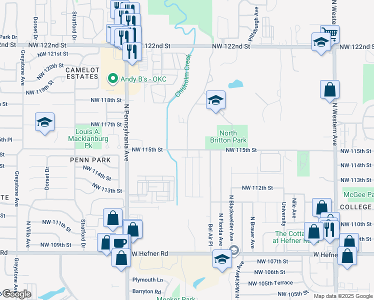 map of restaurants, bars, coffee shops, grocery stores, and more near 1755 Northwest 115th Street in Oklahoma City