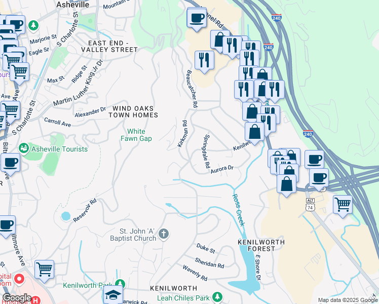 map of restaurants, bars, coffee shops, grocery stores, and more near 74 Aurora Drive in Asheville
