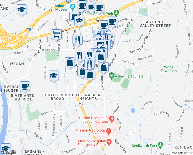 map of restaurants, bars, coffee shops, grocery stores, and more near 42 Southside Avenue in Asheville