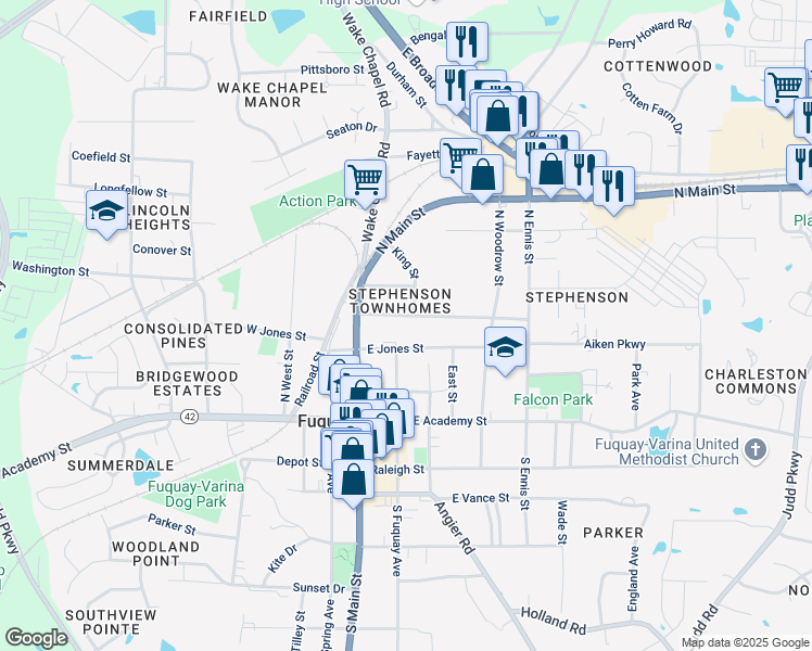 map of restaurants, bars, coffee shops, grocery stores, and more near 122 Church Street in Fuquay-Varina