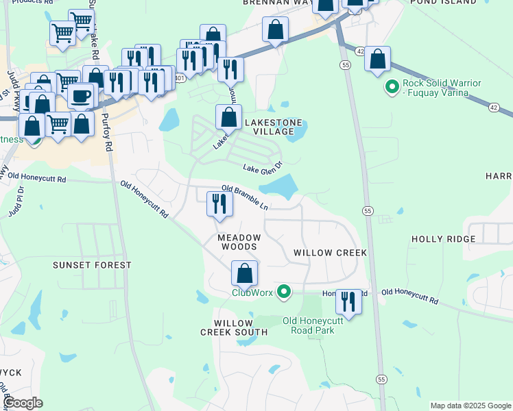 map of restaurants, bars, coffee shops, grocery stores, and more near 1632 Old Bramble Lane in Fuquay Varina