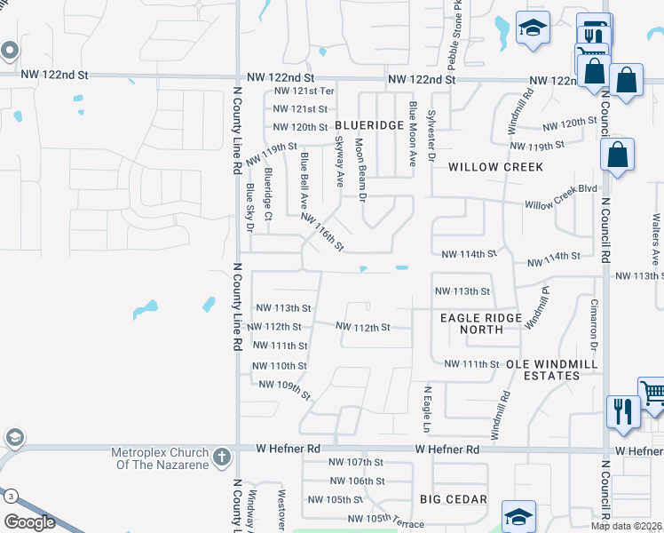 map of restaurants, bars, coffee shops, grocery stores, and more near 8717 Northwest 114th Street in Oklahoma City