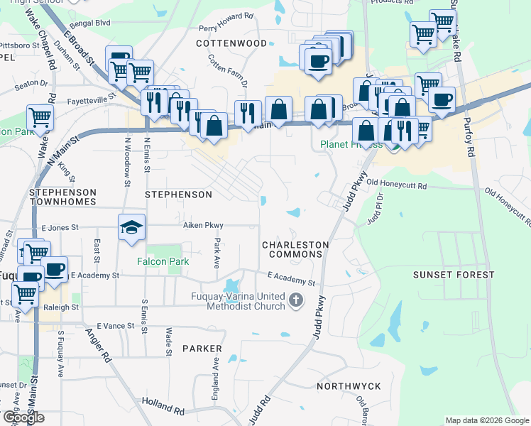 map of restaurants, bars, coffee shops, grocery stores, and more near 126 Oakdale St in Fuquay-Varina
