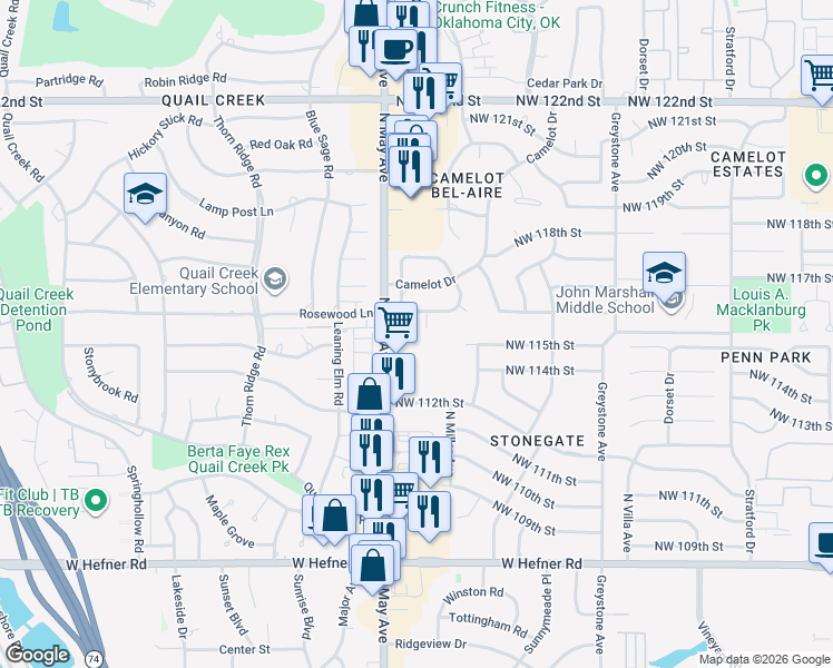map of restaurants, bars, coffee shops, grocery stores, and more near 11530 North May Avenue in Oklahoma City