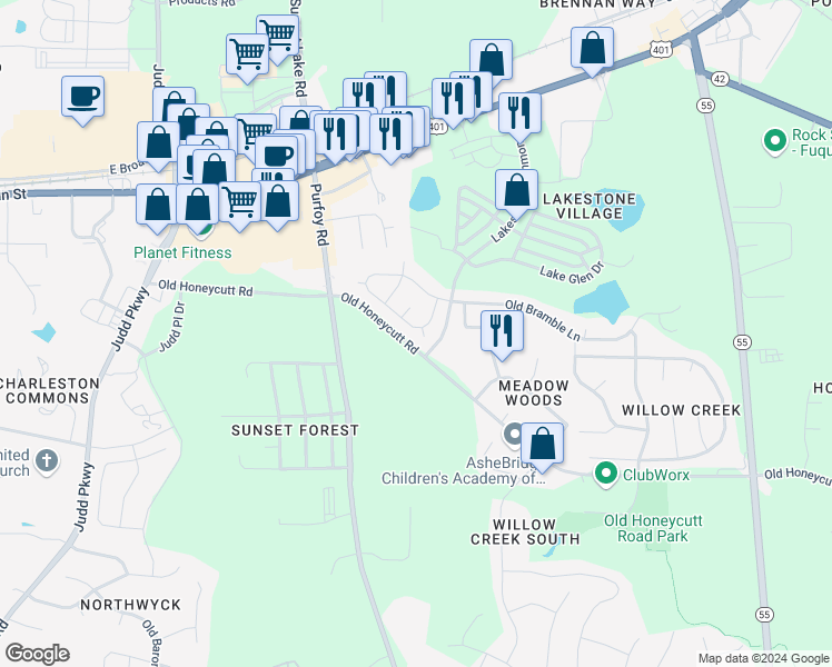 map of restaurants, bars, coffee shops, grocery stores, and more near 409 Marnock Court in Fuquay-Varina