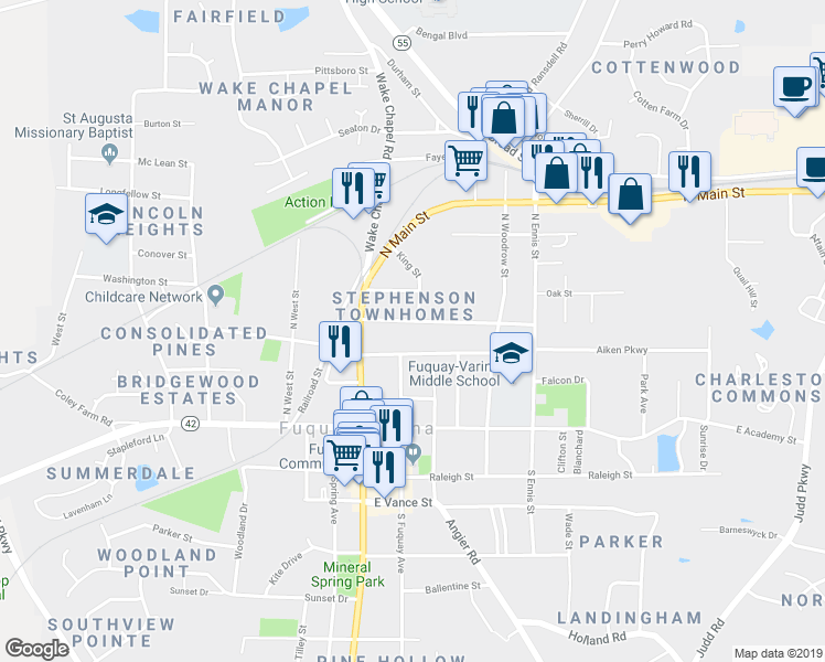 map of restaurants, bars, coffee shops, grocery stores, and more near 124 Church Street in Fuquay Varina