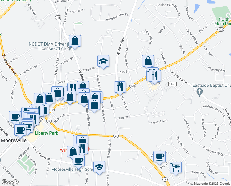 map of restaurants, bars, coffee shops, grocery stores, and more near 738 North Main Street in Mooresville