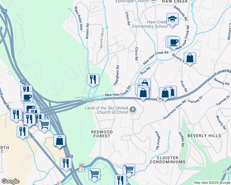 map of restaurants, bars, coffee shops, grocery stores, and more near 300 New Haw Creek Road in Asheville