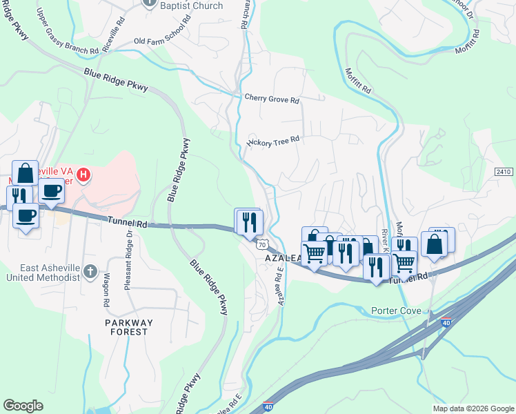 map of restaurants, bars, coffee shops, grocery stores, and more near 803 Parkway Vista Drive in Asheville