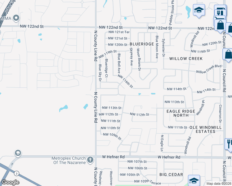 map of restaurants, bars, coffee shops, grocery stores, and more near 8801 Northwest 114th Street in Oklahoma City