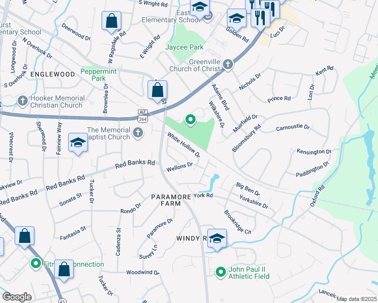 map of restaurants, bars, coffee shops, grocery stores, and more near 1928 White Hollow Drive in Greenville
