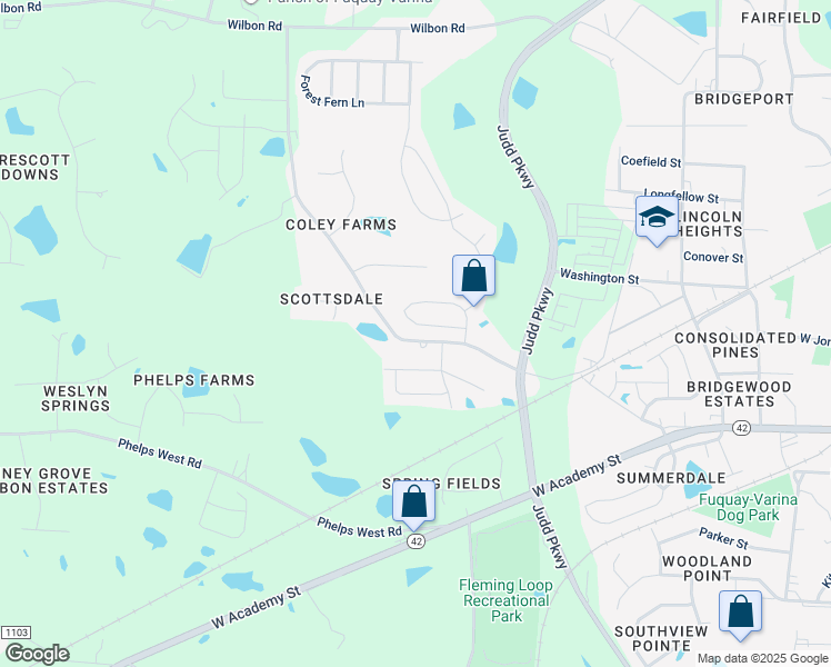 map of restaurants, bars, coffee shops, grocery stores, and more near 1141 Tulip Poplar Road in Fuquay Varina
