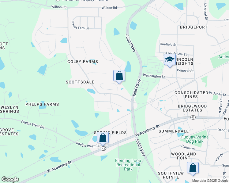 map of restaurants, bars, coffee shops, grocery stores, and more near 1105 Tulip Poplar Road in Fuquay-Varina