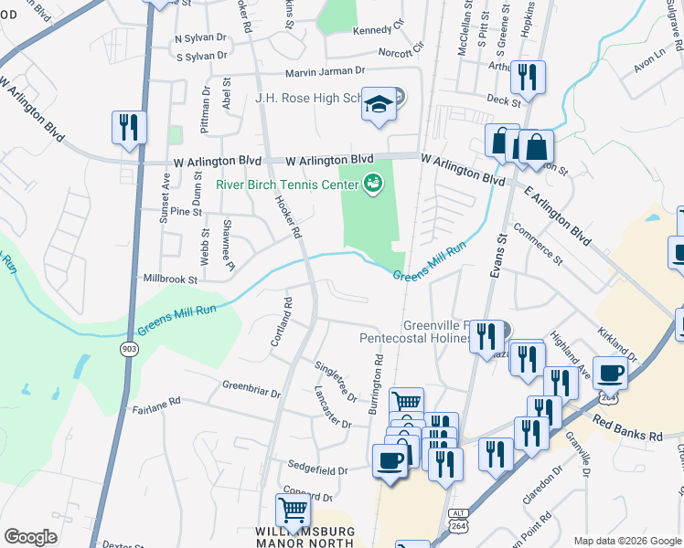 map of restaurants, bars, coffee shops, grocery stores, and more near 401 Winslow Pointe Drive in Greenville