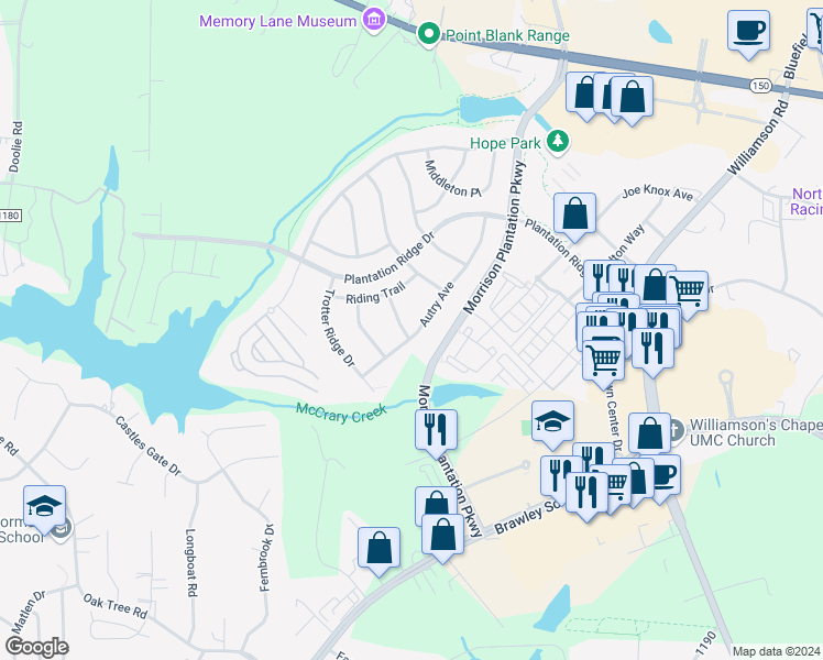 map of restaurants, bars, coffee shops, grocery stores, and more near 168 Autry Avenue in Mooresville