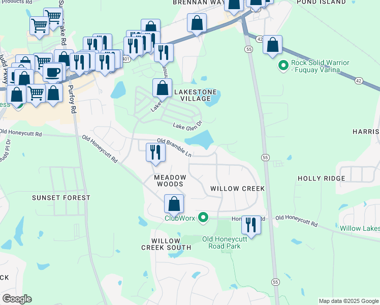 map of restaurants, bars, coffee shops, grocery stores, and more near 1639 Old Bramble Lane in Fuquay-Varina