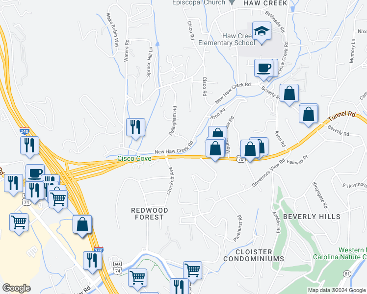 map of restaurants, bars, coffee shops, grocery stores, and more near 360 New Haw Creek Road in Asheville