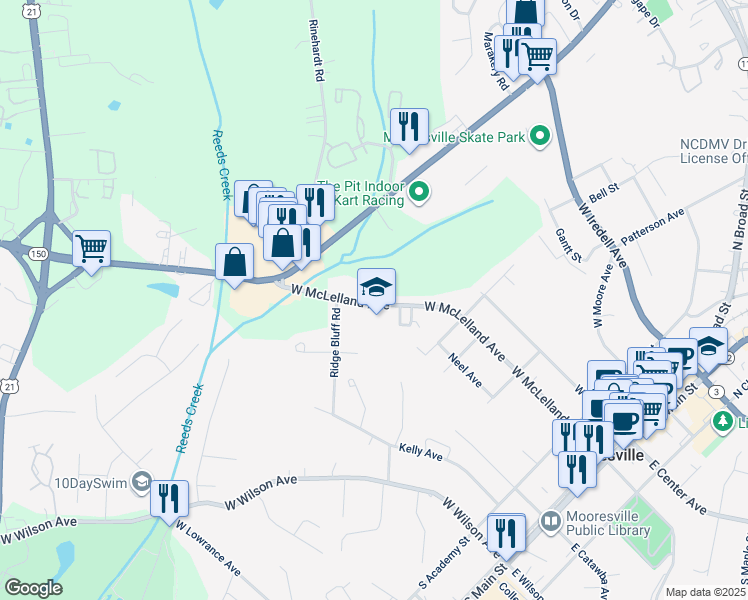 map of restaurants, bars, coffee shops, grocery stores, and more near 611 West McLelland Avenue in Mooresville