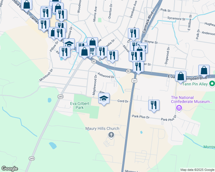 map of restaurants, bars, coffee shops, grocery stores, and more near 2515 Pitts Court in Columbia