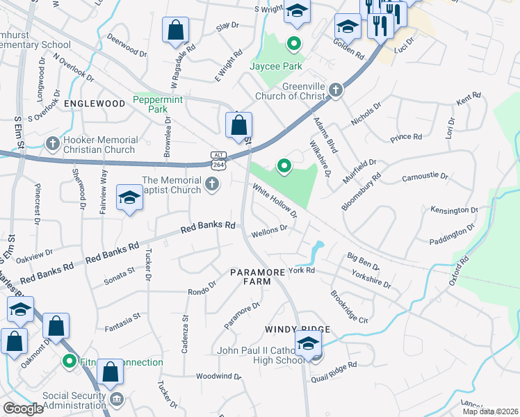 map of restaurants, bars, coffee shops, grocery stores, and more near 1904 Buxton Road in Greenville