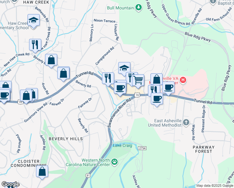 map of restaurants, bars, coffee shops, grocery stores, and more near 1007 Tunnel Road in Asheville