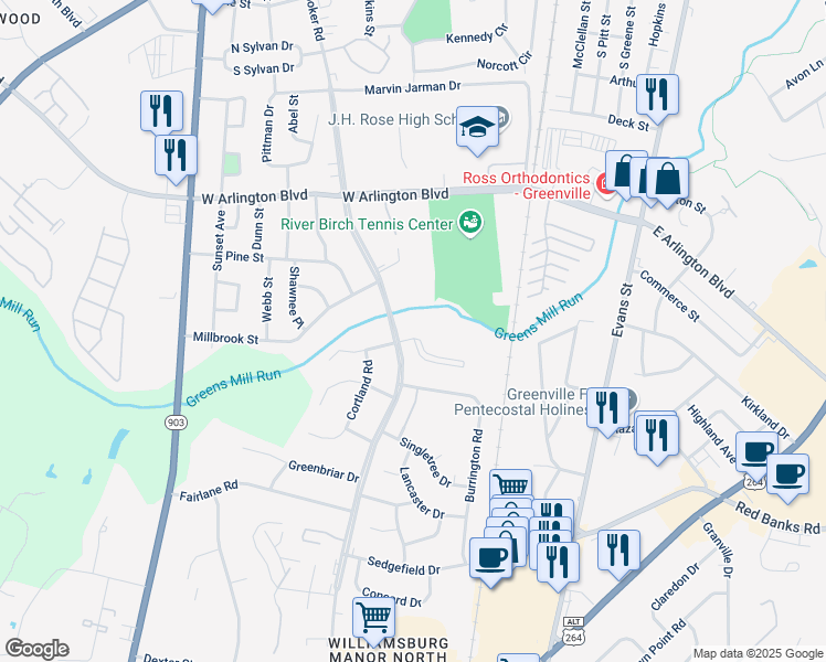 map of restaurants, bars, coffee shops, grocery stores, and more near 401 Winslow Pointe Drive in Greenville