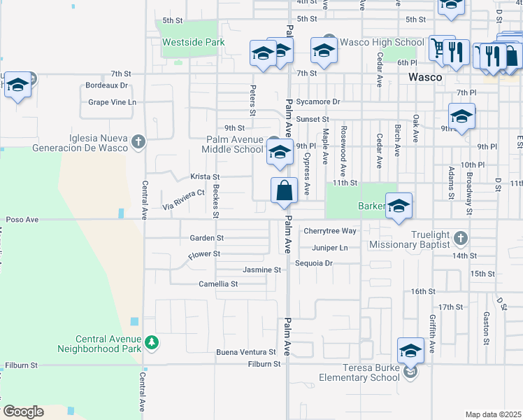 map of restaurants, bars, coffee shops, grocery stores, and more near 2126 Poso Drive in Wasco