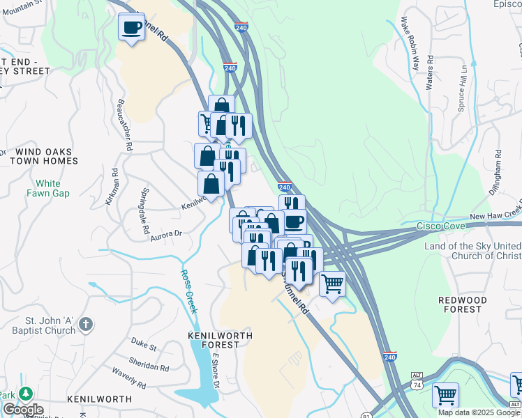 map of restaurants, bars, coffee shops, grocery stores, and more near 200 Tunnel Road in Asheville