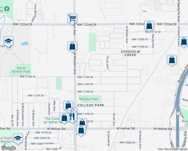 map of restaurants, bars, coffee shops, grocery stores, and more near 829 Northwest 115th Street in Oklahoma City