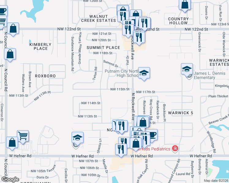 map of restaurants, bars, coffee shops, grocery stores, and more near 7200 Northwest 115th Street in Oklahoma City