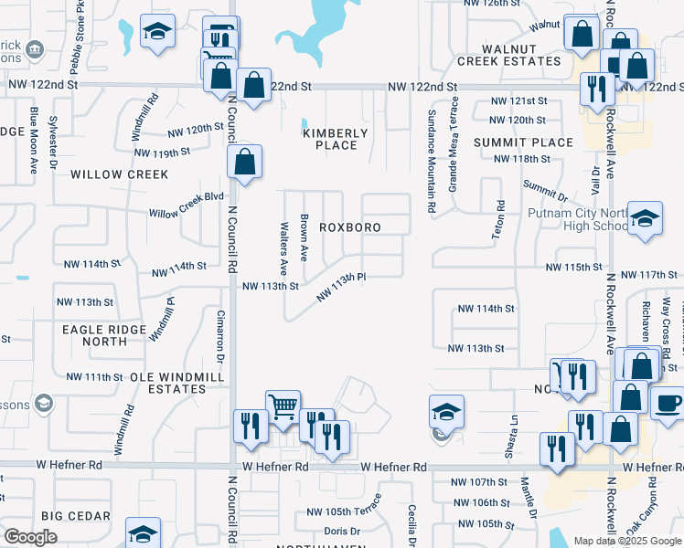 map of restaurants, bars, coffee shops, grocery stores, and more near 7624 Northwest 113th Street in Oklahoma City