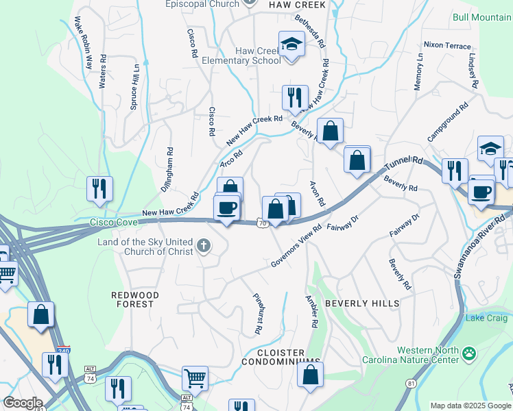 map of restaurants, bars, coffee shops, grocery stores, and more near 115 Arco Road in Asheville