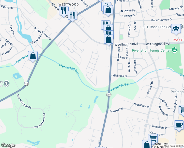 map of restaurants, bars, coffee shops, grocery stores, and more near 2786 Meridian Drive in Greenville