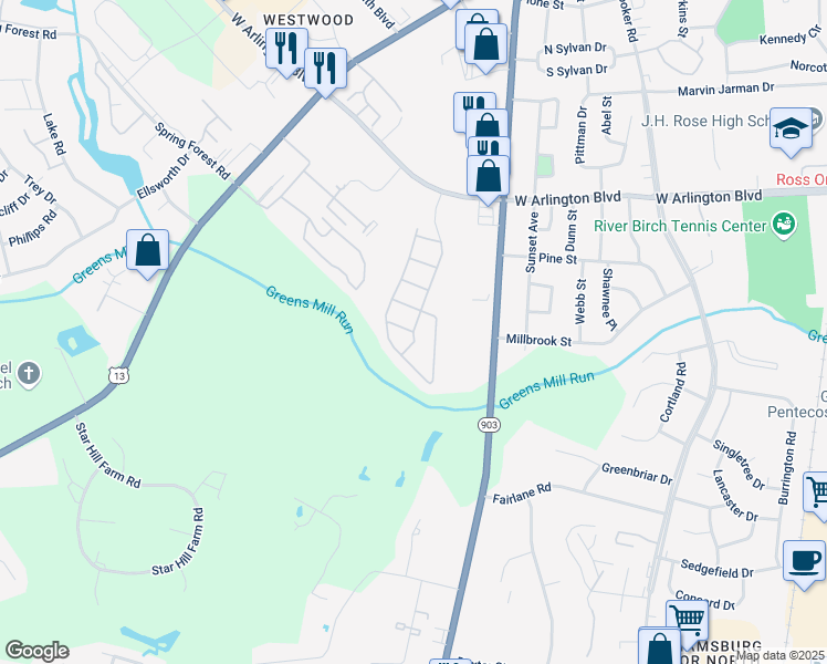 map of restaurants, bars, coffee shops, grocery stores, and more near 2799 Meridian Drive in Greenville