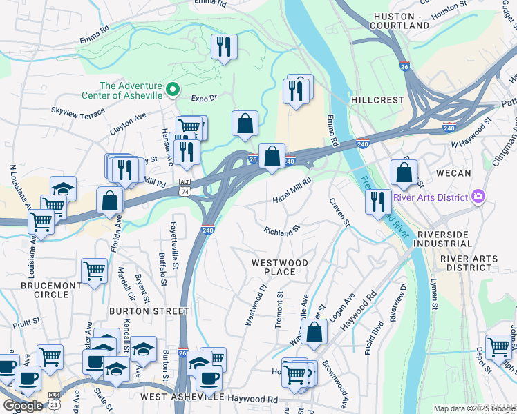 map of restaurants, bars, coffee shops, grocery stores, and more near 120 Hazel Mill Road in Asheville