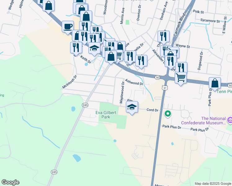 map of restaurants, bars, coffee shops, grocery stores, and more near 2705 Denham Avenue in Columbia