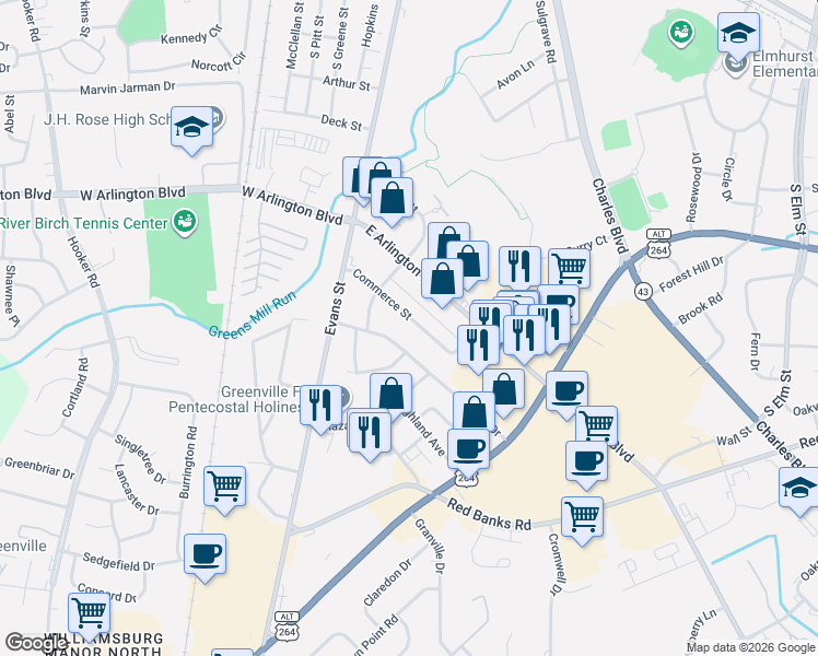 map of restaurants, bars, coffee shops, grocery stores, and more near 210 Commerce St in Greenville