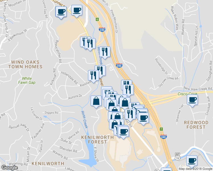 map of restaurants, bars, coffee shops, grocery stores, and more near 190 Tunnel Road in Asheville