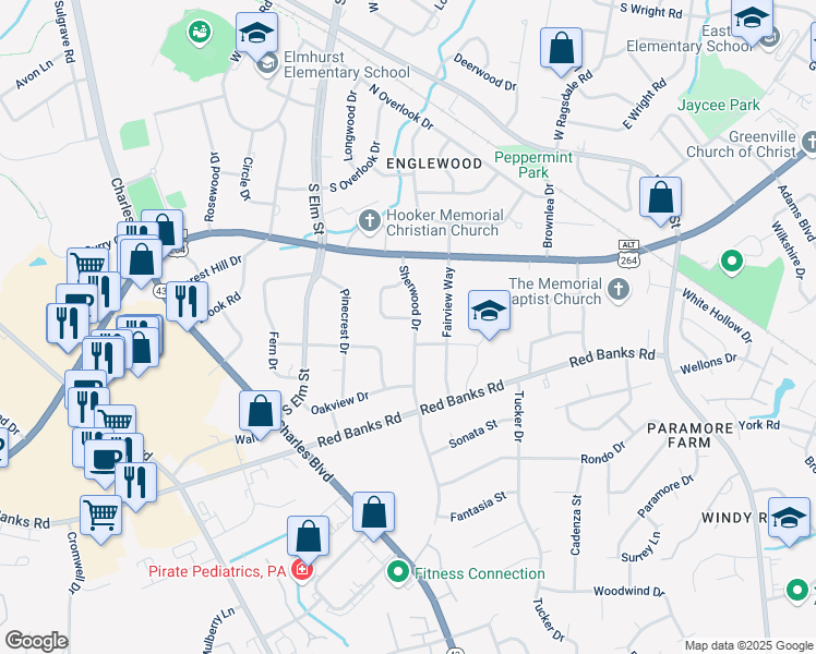 map of restaurants, bars, coffee shops, grocery stores, and more near 1917 Sherwood Drive in Greenville