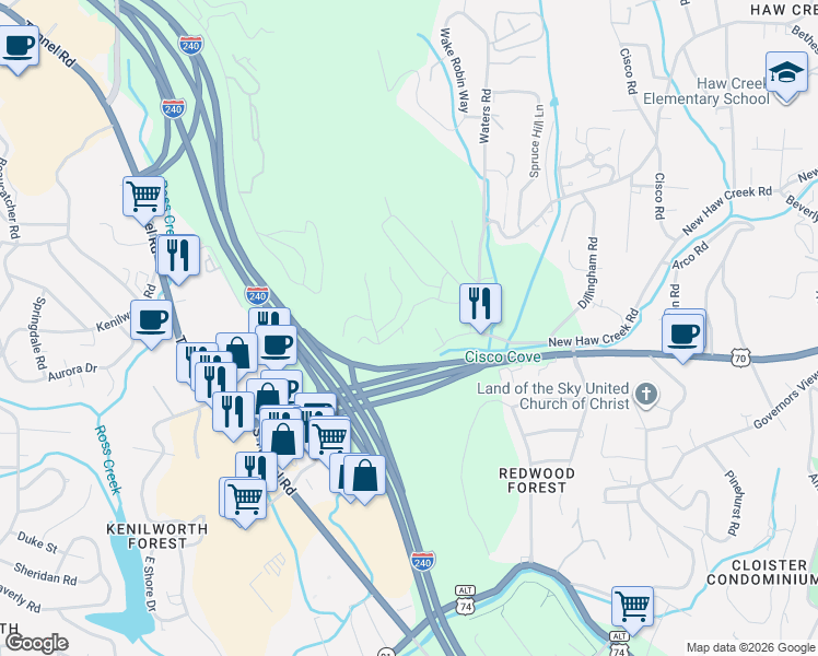map of restaurants, bars, coffee shops, grocery stores, and more near 85 Old Haw Creek Road in Asheville