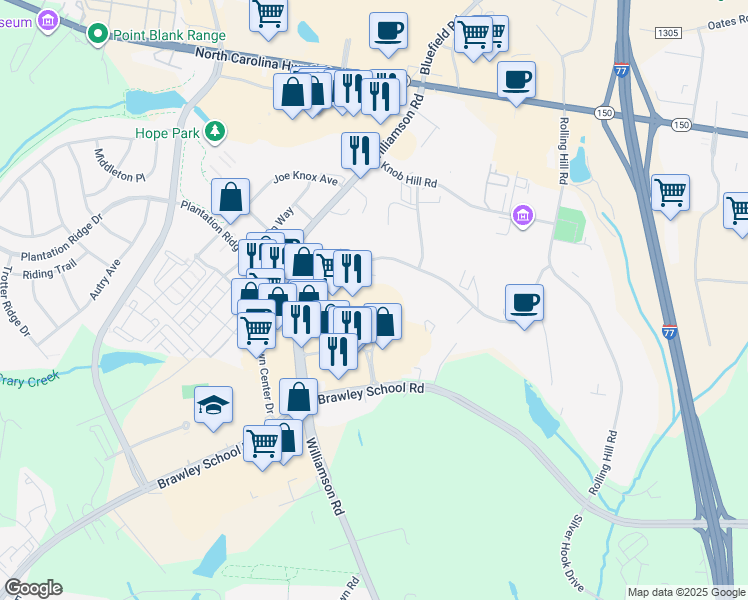 map of restaurants, bars, coffee shops, grocery stores, and more near 150 Town Square Circle in Mooresville