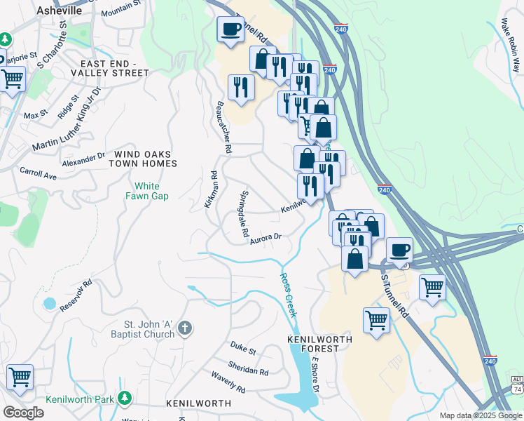 map of restaurants, bars, coffee shops, grocery stores, and more near 464 Kenilworth Road in Asheville