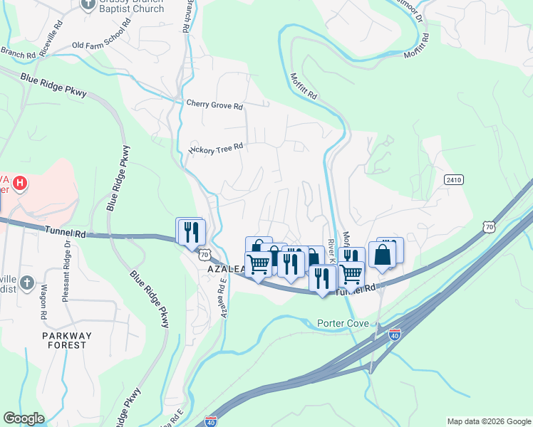 map of restaurants, bars, coffee shops, grocery stores, and more near 6 Gilligan Alley in Asheville