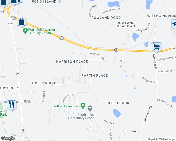 map of restaurants, bars, coffee shops, grocery stores, and more near 297 Summer Ranch Drive in Fuquay-Varina