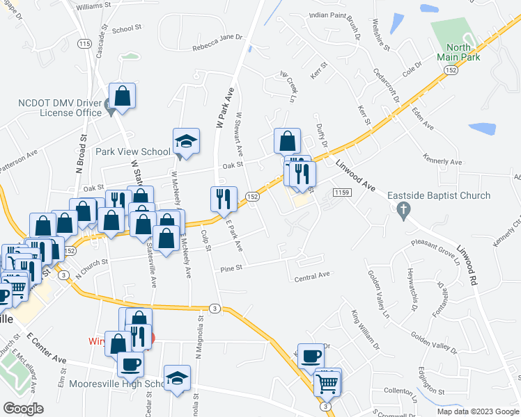 map of restaurants, bars, coffee shops, grocery stores, and more near 118 East Stewart Avenue in Mooresville