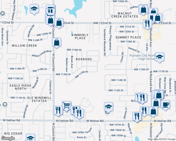 map of restaurants, bars, coffee shops, grocery stores, and more near 7527 Northwest 113th Place in Oklahoma City